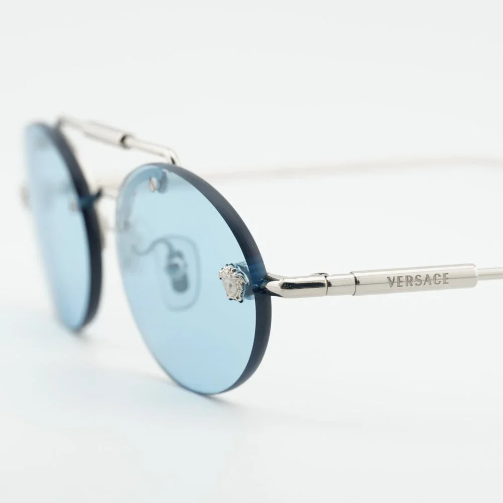 Versace VE2295 1000/1 Sunglasses Silver Oval Frame, Light Blue Lenses